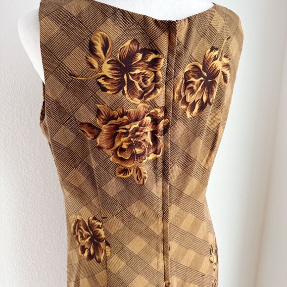 VINTAGE BROWN FLORAL CHECKERED SHIFT DRESS - Picture 2 of 5